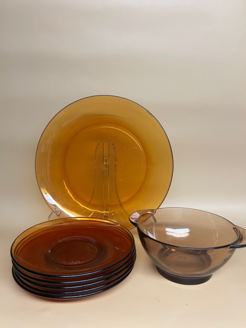 Set of 7 pcs Duralex Serving Dish Plate and bowl Glass Amber Vintage France